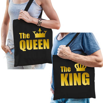 The queen en the king kadotassen / shoppers zwart katoen met gouden tekst en kroon koppels / bruidspaar / echtpaar voor