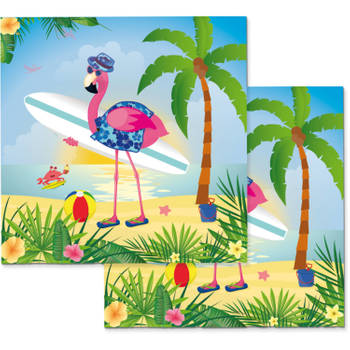 60x Papieren dieren thema met flamingo op het strand tafel servetten 33 x 33 cm - Feestservetten