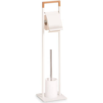 Zeller Toiletborstelhouder inclusief WC-rolhouder en borstel - wit - metaal / bamboe - 75 cm - Toiletborstels