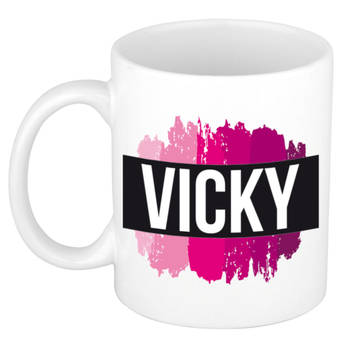 Vicky naam / voornaam kado beker / mok roze verfstrepen - Gepersonaliseerde mok met naam - Naam mokken