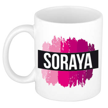 Soraya naam / voornaam kado beker / mok roze verfstrepen - Gepersonaliseerde mok met naam - Naam mokken