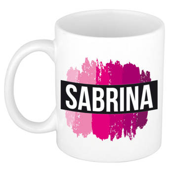 Sabrina naam / voornaam kado beker / mok roze verfstrepen - Gepersonaliseerde mok met naam - Naam mokken