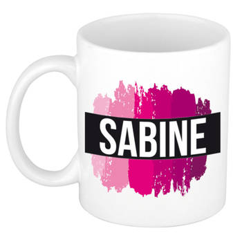 Sabine naam / voornaam kado beker / mok roze verfstrepen - Gepersonaliseerde mok met naam - Naam mokken