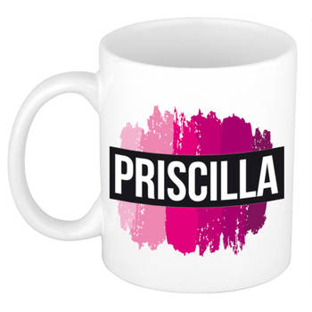 Priscilla naam / voornaam kado beker / mok roze verfstrepen - Gepersonaliseerde mok met naam - Naam mokken
