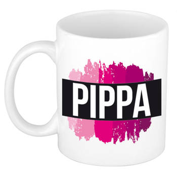 Pippa naam / voornaam kado beker / mok roze verfstrepen - Gepersonaliseerde mok met naam - Naam mokken