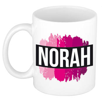 Norah naam / voornaam kado beker / mok roze verfstrepen - Gepersonaliseerde mok met naam - Naam mokken