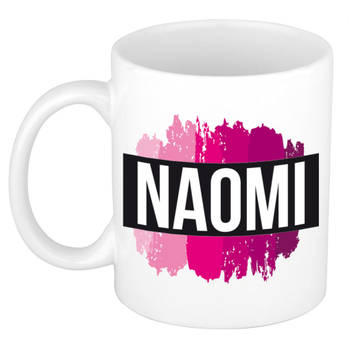 Naomi naam / voornaam kado beker / mok roze verfstrepen - Gepersonaliseerde mok met naam - Naam mokken