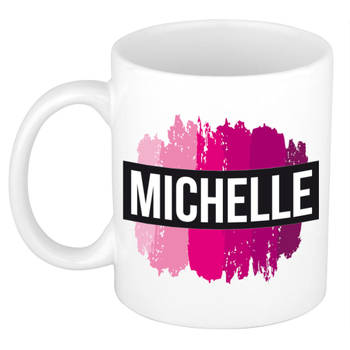 Michelle naam / voornaam kado beker / mok roze verfstrepen - Gepersonaliseerde mok met naam - Naam mokken