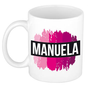 Manuela naam / voornaam kado beker / mok roze verfstrepen - Gepersonaliseerde mok met naam - Naam mokken