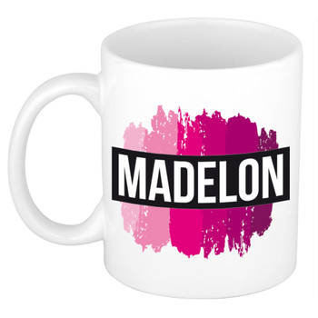 Madelon naam / voornaam kado beker / mok roze verfstrepen - Gepersonaliseerde mok met naam - Naam mokken