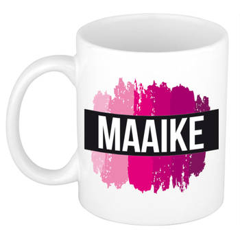 Maaike naam / voornaam kado beker / mok roze verfstrepen - Gepersonaliseerde mok met naam - Naam mokken