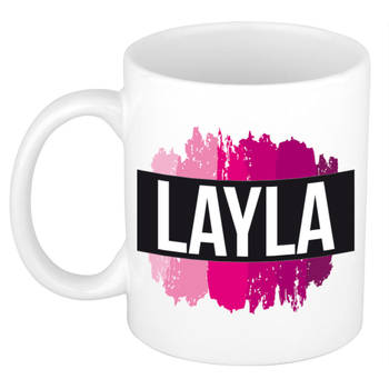 Layla naam / voornaam kado beker / mok roze verfstrepen - Gepersonaliseerde mok met naam - Naam mokken