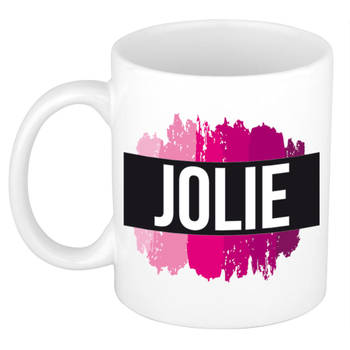 Jolie naam / voornaam kado beker / mok roze verfstrepen - Gepersonaliseerde mok met naam - Naam mokken
