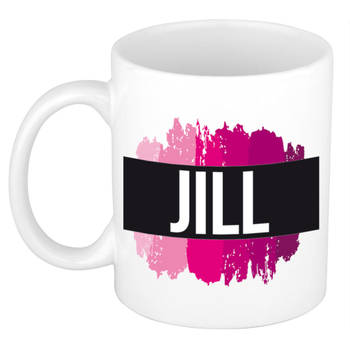 Jill naam / voornaam kado beker / mok roze verfstrepen - Gepersonaliseerde mok met naam - Naam mokken