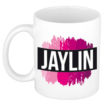 Jaylin naam / voornaam kado beker / mok roze verfstrepen - Gepersonaliseerde mok met naam - Naam mokken
