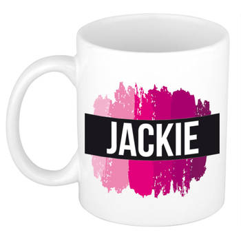 Jackie naam / voornaam kado beker / mok roze verfstrepen - Gepersonaliseerde mok met naam - Naam mokken