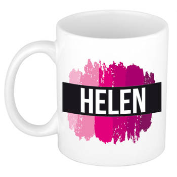 Helen naam / voornaam kado beker / mok roze verfstrepen - Gepersonaliseerde mok met naam - Naam mokken