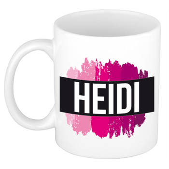 Heidi naam / voornaam kado beker / mok roze verfstrepen - Gepersonaliseerde mok met naam - Naam mokken