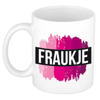 Fraukje naam / voornaam kado beker / mok roze verfstrepen - Gepersonaliseerde mok met naam - Naam mokken