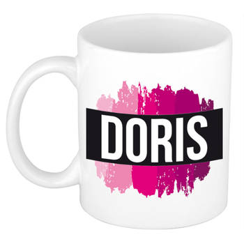 Doris naam / voornaam kado beker / mok roze verfstrepen - Gepersonaliseerde mok met naam - Naam mokken