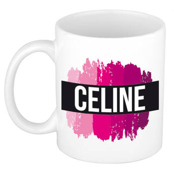 Celine naam / voornaam kado beker / mok roze verfstrepen - Gepersonaliseerde mok met naam - Naam mokken