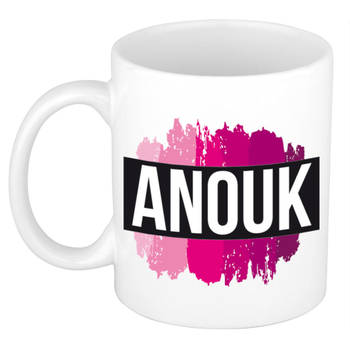 Anouk naam / voornaam kado beker / mok roze verfstrepen - Gepersonaliseerde mok met naam - Naam mokken