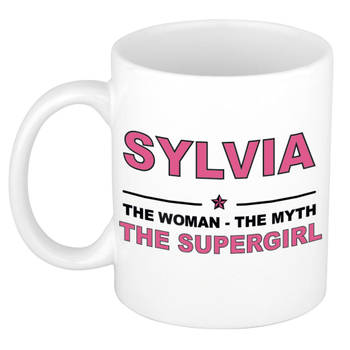 Naam cadeau mok/ beker Sylvia The woman, The myth the supergirl 300 ml - Naam mokken