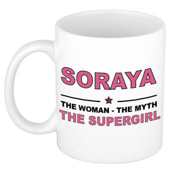 Naam cadeau mok/ beker Soraya The woman, The myth the supergirl 300 ml - Naam mokken