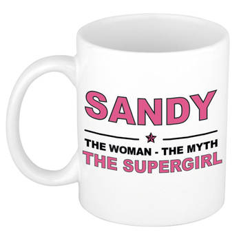 Naam cadeau mok/ beker Sandy The woman, The myth the supergirl 300 ml - Naam mokken