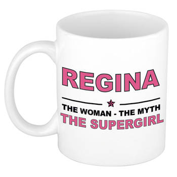 Naam cadeau mok/ beker Regina The woman, The myth the supergirl 300 ml - Naam mokken