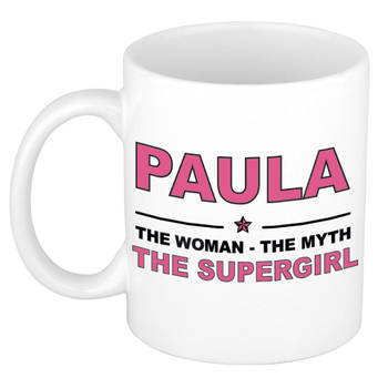 Naam cadeau mok/ beker Paula The woman, The myth the supergirl 300 ml - Naam mokken