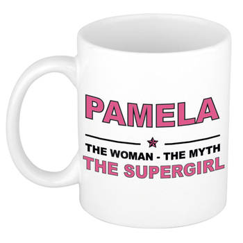 Naam cadeau mok/ beker Pamela The woman, The myth the supergirl 300 ml - Naam mokken
