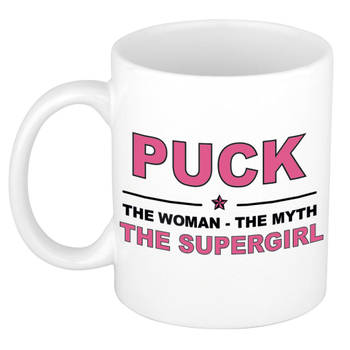 Naam cadeau mok/ beker Puck The woman, The myth the supergirl 300 ml - Naam mokken