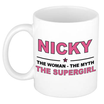 Naam cadeau mok/ beker Nicky The woman, The myth the supergirl 300 ml - Naam mokken