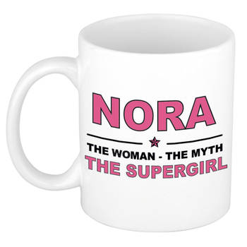 Naam cadeau mok/ beker Nora The woman, The myth the supergirl 300 ml - Naam mokken