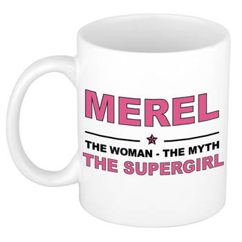 Naam cadeau mok/ beker Merel The woman, The myth the supergirl 300 ml - Naam mokken