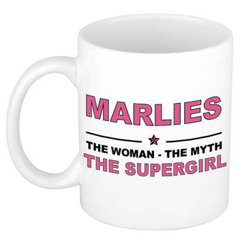 Naam cadeau mok/ beker Marlies The woman, The myth the supergirl 300 ml - Naam mokken