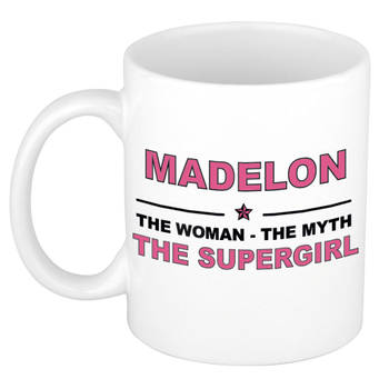 Naam cadeau mok/ beker Madelon The woman, The myth the supergirl 300 ml - Naam mokken