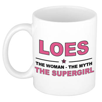 Naam cadeau mok/ beker Loes The woman, The myth the supergirl 300 ml - Naam mokken
