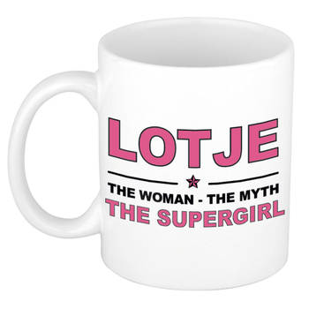 Naam cadeau mok/ beker Lotje The woman, The myth the supergirl 300 ml - Naam mokken