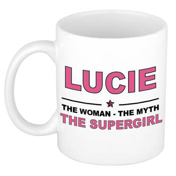 Naam cadeau mok/ beker Lucie The woman, The myth the supergirl 300 ml - Naam mokken