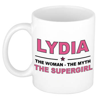 Naam cadeau mok/ beker Lydia The woman, The myth the supergirl 300 ml - Naam mokken