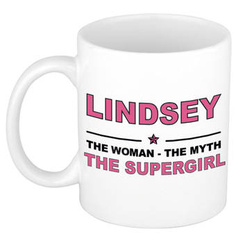 Naam cadeau mok/ beker Lindsey The woman, The myth the supergirl 300 ml - Naam mokken