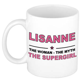 Naam cadeau mok/ beker Lisanne The woman, The myth the supergirl 300 ml - Naam mokken