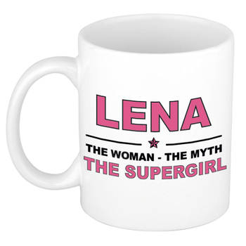 Naam cadeau mok/ beker Lena The woman, The myth the supergirl 300 ml - Naam mokken