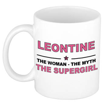 Naam cadeau mok/ beker Leontine The woman, The myth the supergirl 300 ml - Naam mokken