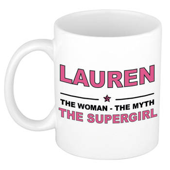 Naam cadeau mok/ beker Lauren The woman, The myth the supergirl 300 ml - Naam mokken