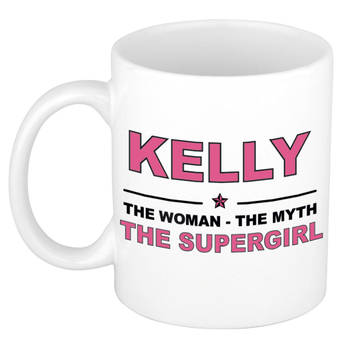 Naam cadeau mok/ beker Kelly The woman, The myth the supergirl 300 ml - Naam mokken