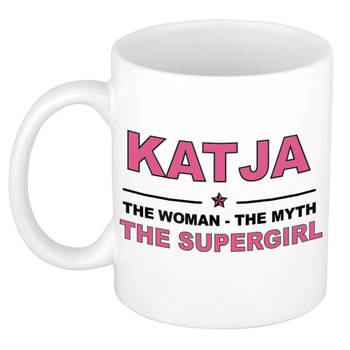 Naam cadeau mok/ beker Katja The woman, The myth the supergirl 300 ml - Naam mokken