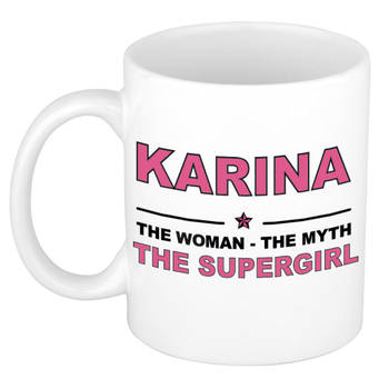 Naam cadeau mok/ beker Karina The woman, The myth the supergirl 300 ml - Naam mokken